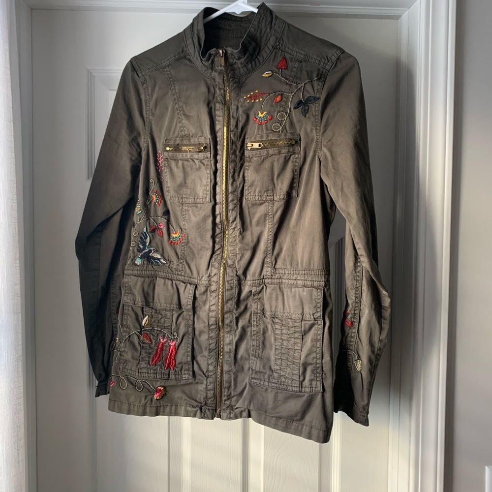 Sonoma army green jacket with floral embroidery